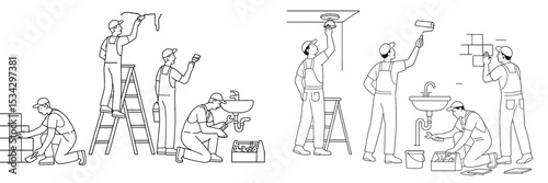 Workers performing various home repairs and renovations in a residential setting during daylight hours