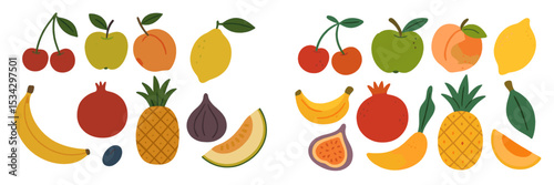 Vibrant assortment of fruits displayed on a white background, showcasing natural colors and varying shapes