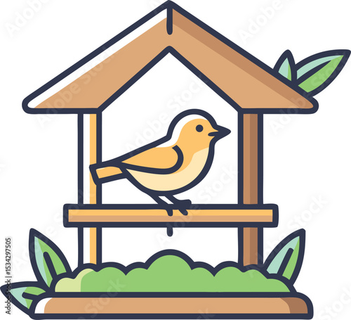 A charming, flat illustration depicts a bluebird perched on a wooden bird feeder with a simplified, sunny sky and a hint of greenery.
