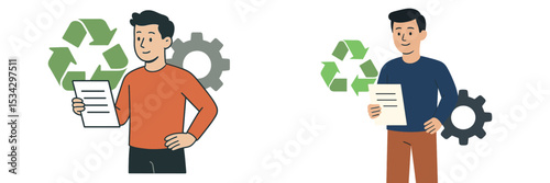 Individuals engaged in recycling awareness, showcasing sustainability efforts with documents and symbols of reuse