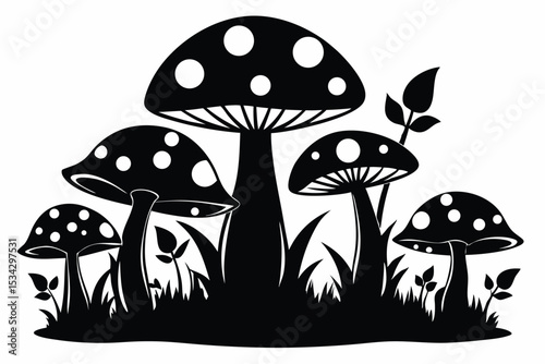 Black Mushroom Group with White Spots and Grass Silhouettes Graphic Illustration