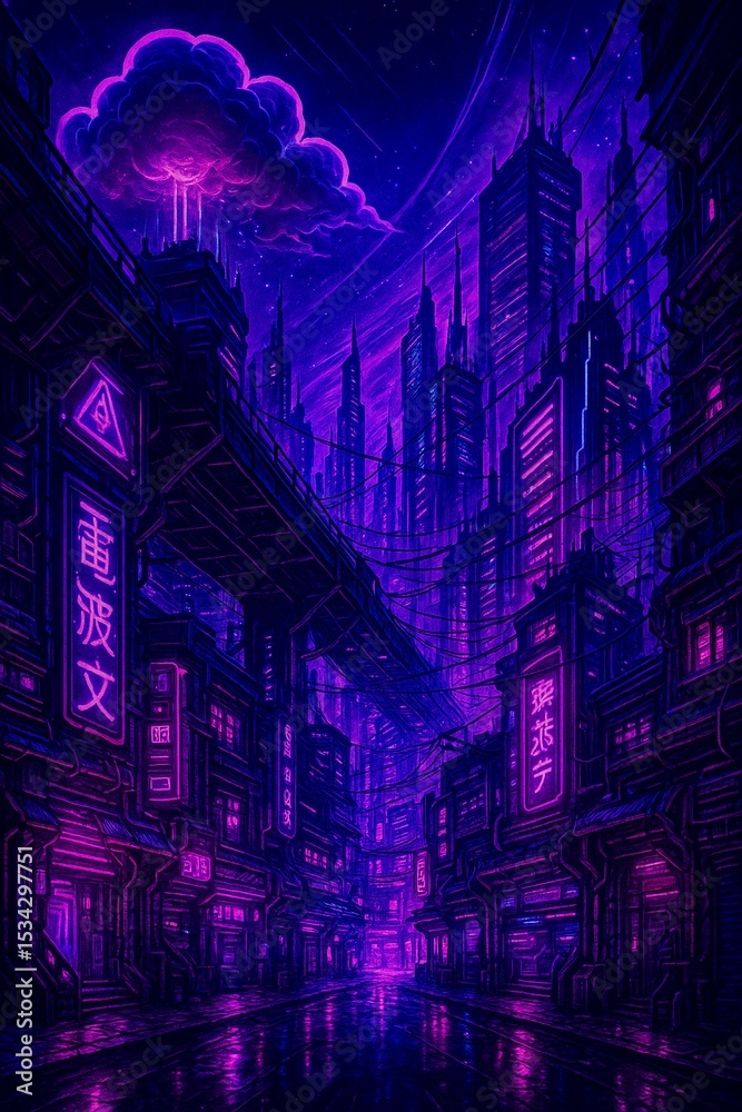 Obraz premium retro cyberpunk neon night cityscape futuristic nostalgia