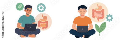 Two men working on laptops while exploring health and wellness topics focused on digestion and gut health
