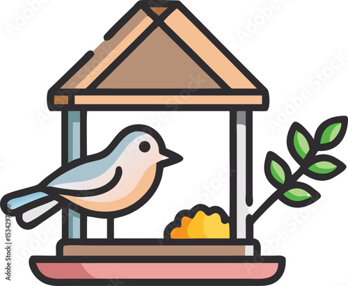 A charming, flat illustration depicts a bluebird perched on a wooden bird feeder with a simplified, sunny sky and a hint of greenery.
