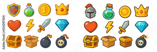 Colorful fantasy game icons featuring various items such as shields, potions, crowns, and treasure chests