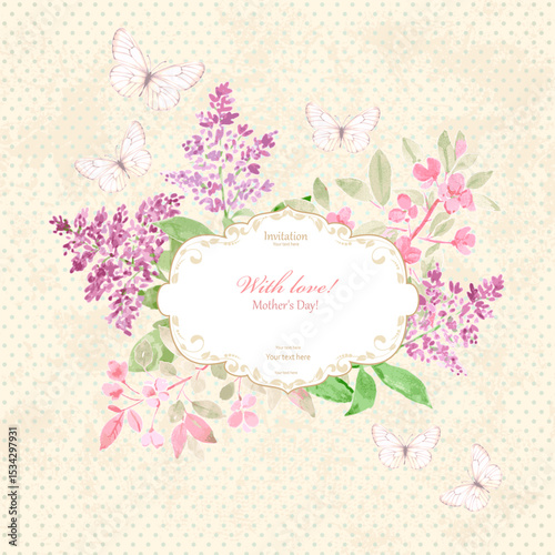 card with watercolor Syringa, crab apple blooming branches. vintage craft lable with watercolour painting of bunch flowering woody plants lilac, crabapple on grungy background and butterflies