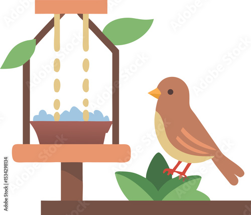 A charming, flat illustration depicts a bluebird perched on a wooden bird feeder with a simplified, sunny sky and a hint of greenery.
