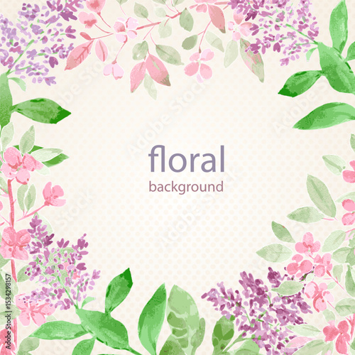 square border of watercolor Syringa, crab apple blooming branches. frame of watercolour painting of flowering woody plants lilac, crabapple on polka dots background