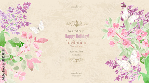 vintage card with watercolor Syringa, crab apple blooming branches and butterflies. invite with watercolour painting of bunch flowering woody plants lilac, crabapple on grungy background