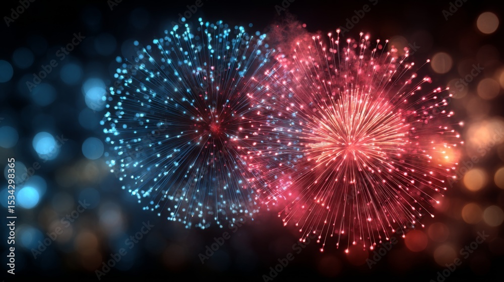 Fototapeta premium Blue and Red Fireworks Display at Night with Bokeh Background
