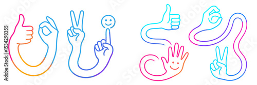 Creative hand gestures representing various emotions and expressions in vibrant colors and fluid lines
