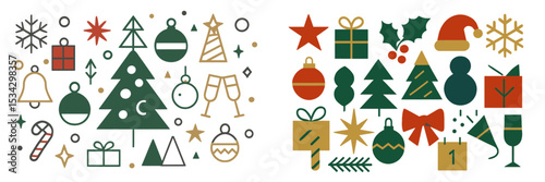 Holiday themed illustrations featuring Christmas symbols, decorations, and festive elements in a colorful design