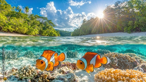 Tropical beach split view with clownfish underwater