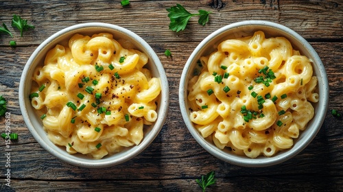 Two bowls of creamy macaroni & cheese on wood