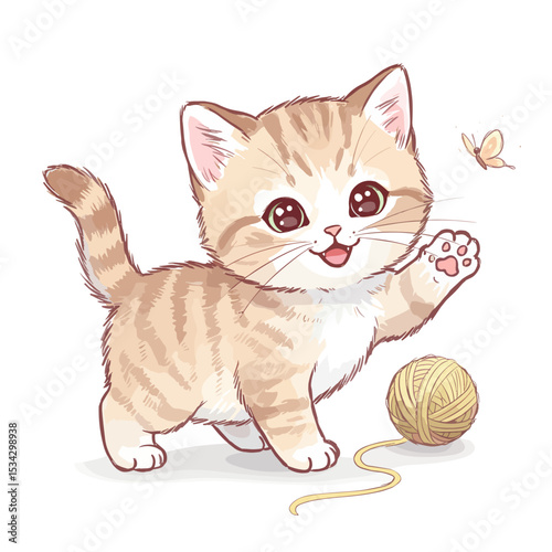 Adorable kitten playing with yarn while waving joyfully  
