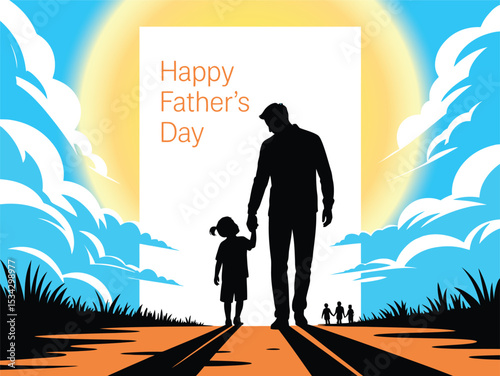 Father and son in silhouette are walking at sunset with beautiful blue sky background. happy fathers day, love, fathers day vector concept