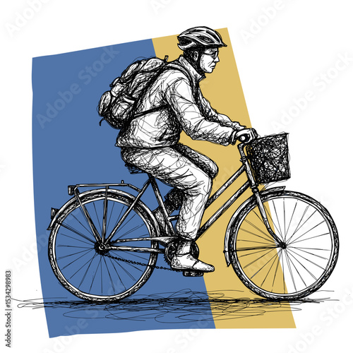 Cyclist riding bicycle with backpack in sketched style against blue background  