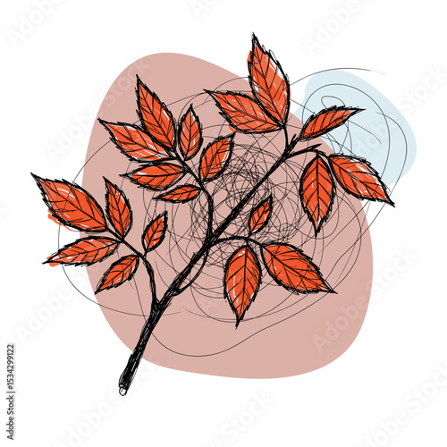 Autumn branch with orange leaves in sketch style on abstract background  
