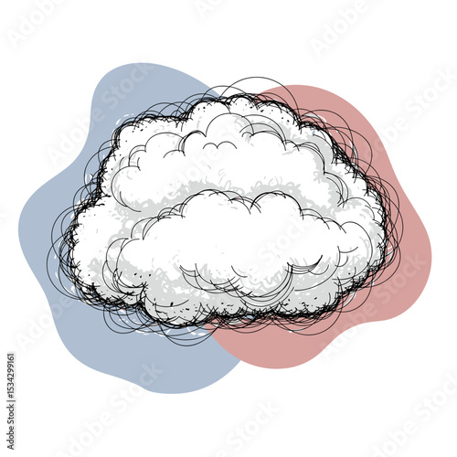 Hand-drawn cloud illustration on blue and red abstract background  