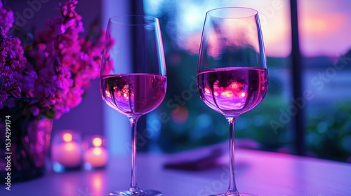 Two glasses of wine, candlelit, romantic mood