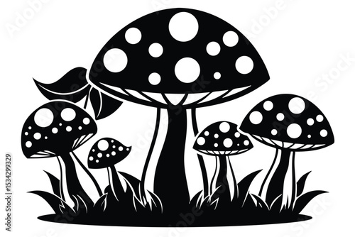 Monochrome Mushroom Grouping Featuring Dotted Caps, Foliage, and Varying Sizes Graphic Illustration
