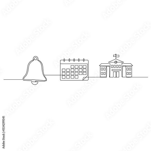 School bell icon with calendar and building in minimal line design  
