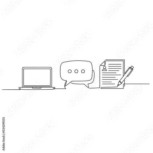 Line art illustration of laptop, speech bubble, and document  