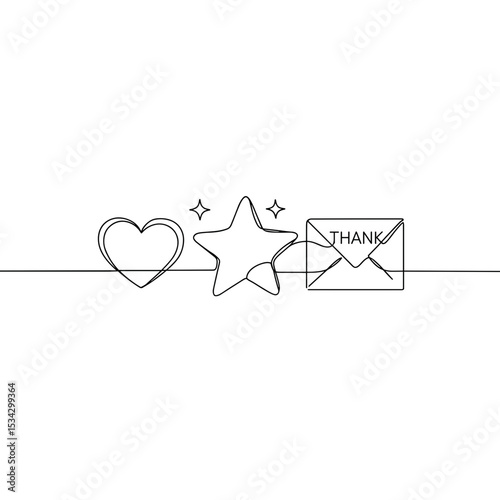 Line art of heart, star, and thank you letter in minimal style  