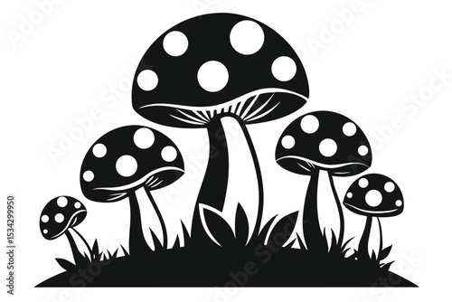 Black and White Mushroom Patch Illustration with Spotted Caps and Grassy Details