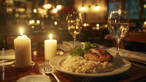 Warmly lit dinner plate, candles, glass, blurred background