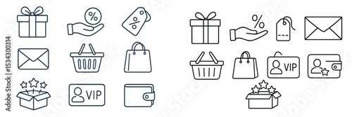 Icons representing shopping, discounts, and customer benefits with gifts, bags, and loyalty cards displayed on a white background