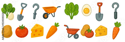 Colorful collection of gardening tools and fresh produce illustrating a vibrant farm life concept