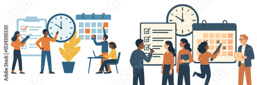 Team members engage in time management activities and planning within a modern office environment during the day