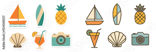 Colorful summer stickers featuring beach activities, refreshing drinks, and tropical elements in a playful design for fun