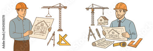 Construction professionals reviewing blueprints at a construction site with cranes and tools present during daylight hours