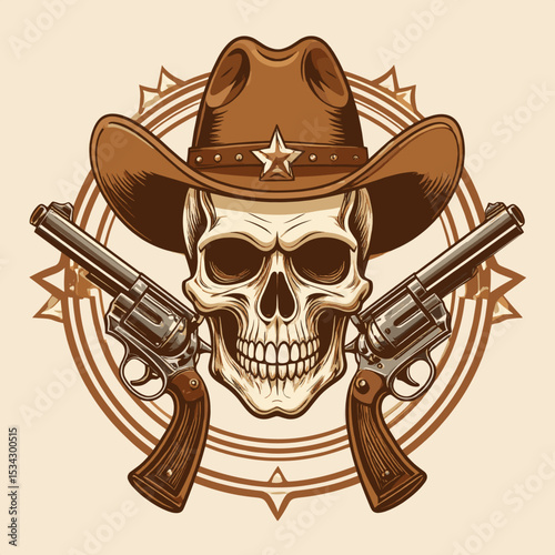 Western skull illustration with cowboy hat and crossed revolvers, vintage wild west gunslinger design in detailed tattoo or graphic art style