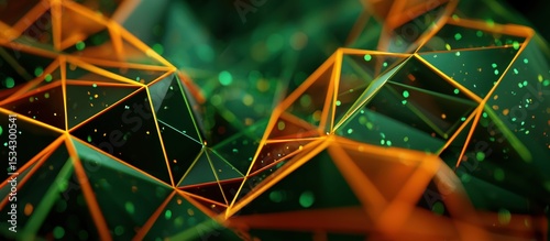 Interlocking Transparent Triangular Shapes with Glowing Grid and Floating Particles

