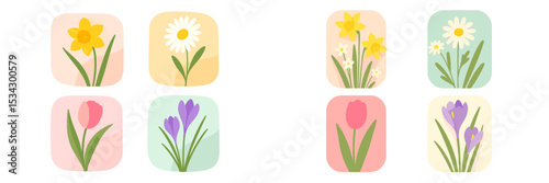Vibrant spring flowers in a cheerful arrangement showcasing daffodils, daisies, tulips, and crocuses on colored backgrounds