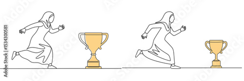Runner striving for victory with a trophy ahead in a minimalist pursuit illustration
