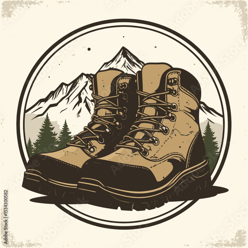 Vintage hiking boots illustration with mountain and forest background, outdoor adventure footwear design in retro style, wilderness and trekking concept art