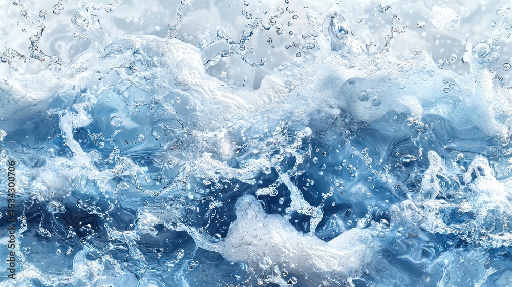 Fototapeta premium Watery splash, airy bubbles, dynamic motion, light blue