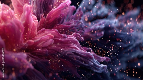 Organic Flow of Vivid Pink Petals in Motion with Glowing Orange Dots on Dark Background

