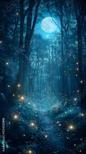 Enchanted Forest Path Illuminated by Moonlight and Fireflies