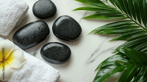 Wet black stones, white towels, and green leaves on marble