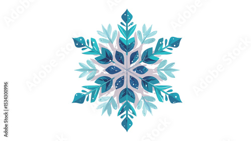 A stylized illustration of a snowflake. The snowflake is depicted in shades of blue, teal, and white, with a layered, almost three-dimensional effect.  The design is symmetrical and highly detailed