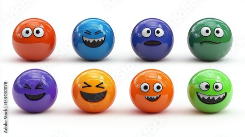 A set of colorful, cartoonish, smiling and frowning faces