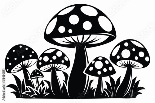 Group of Black Mushrooms with White Spots in Grass Vector Illustration