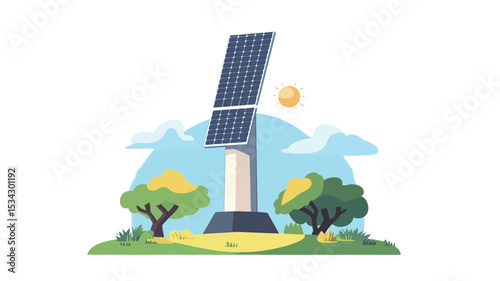 A vector illustration depicting a tall, slender tower with two large solar panels angled towards the sun. The tower stands on a small, dark base in a grassy park setting with stylized green trees