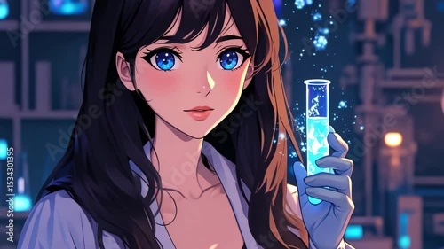 Anime Scientist Girl Holding Glowing Test Tube

