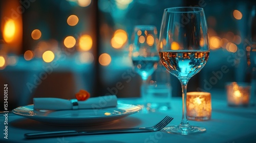 Wine glass & napkin on table, warm light bokeh background